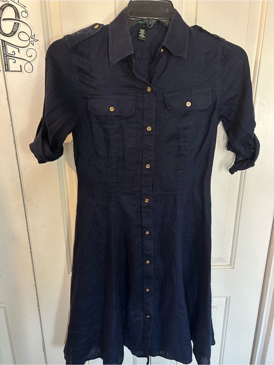 Lauren Ralph Lauren Dresses & Skirts - Lauren Ralph Lauren 100% Linen Navy Blue Button Down Shirt Dress Size XS